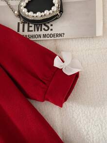 Elladie kids 1pc Girls Kids Winter New 2025 Korean Version Mid-Length Jacket, Round Neck Open Front Loose Fit Long Sleeve, Removable Bow Cuffs & Collar, Elegant Elegant Fashion Street Casual Windbreaker Coat - Red - View 7