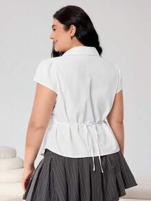Solflare Plus Size Women Summer Casual Everyday Office Commute Simple Versatile Knight Embroidery Puff Sleeve Fitted Blouse - White - View 2