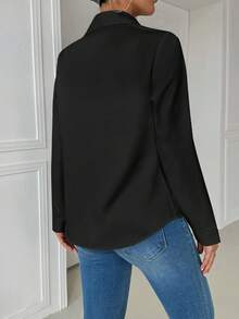 EMERY ROSE 2pcs/Set Solid Color Turndown Collar Double Pocket Long Sleeve Jumpsuit, Black & White - Black and White - View 3