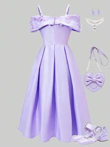 一件式少女新年情人节夏季甜美优雅缎面紫色蝴蝶结露肩刺绣贴花吊带褶皱中长连衣裙，适合所有季节，是生日、派对和其他特殊场合的完美选择。 - 紫色 - 查看 4