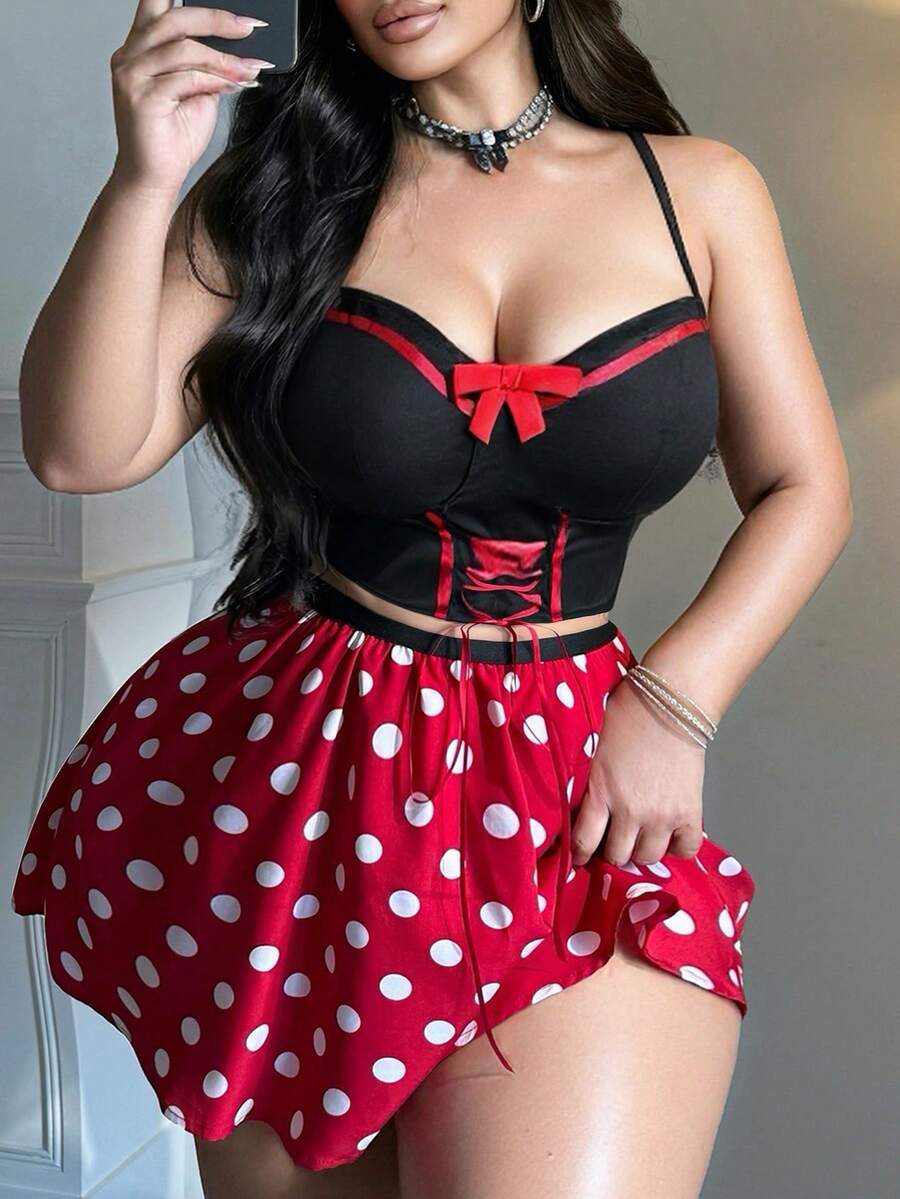 Flirla Plus Size Sexy & Cute Bow Decor Camisole And Sweet Polka Dot Mini Skir2 Piecesce Set - Black - View 1