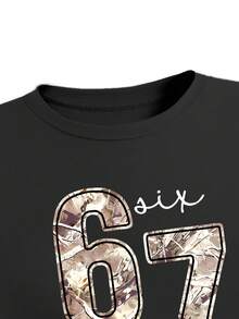 SHEIN ChillGRL 女童67号印花上衣和直筒工装裤套装（2件套），时尚休闲街头风 - 黑色 - 查看 3