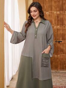 Lacomfia Vestido plus size feminino elegante com estampa listrada, bolsos e modelagem solta em A com mangas compridas.