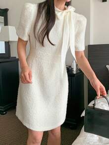 DAZY Women's Bow Tie Lace-Up Fuzzy Fabric Short Dress - White - View 1