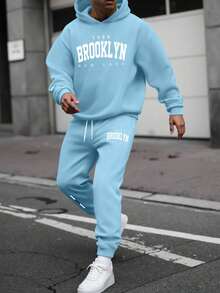 Manfinity Homme 2pcs Men's New York Slogan Print Casual Sweatshirt And Sweatpants Set, Fall/Winter Clothes - Baby Blue - View 2