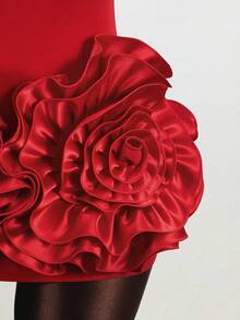 Mistrie 女士优雅派对礼服，纯色3D立体花卉修身无肩带连衣裙 - 紅色 - 查看 6
