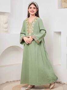 SHEIN رمضان جلابيه   Tween Girls' Casual Round Neck Short Sleeve Dress  الملابس التقليدية العربية - Green - View 6