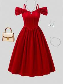 SHEIN 少女优雅红色V领无袖褶皱喇叭迷你连衣裙，适合家庭聚会、派对和日常穿着 - 紅色 - 查看 3