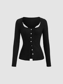 Sweetra Áo thun nữ thời trang dự tiệc sang trọng, tay dài ren chắp vá kiểu Pháp thanh lịch đầu thu - màu đen - Xem 1