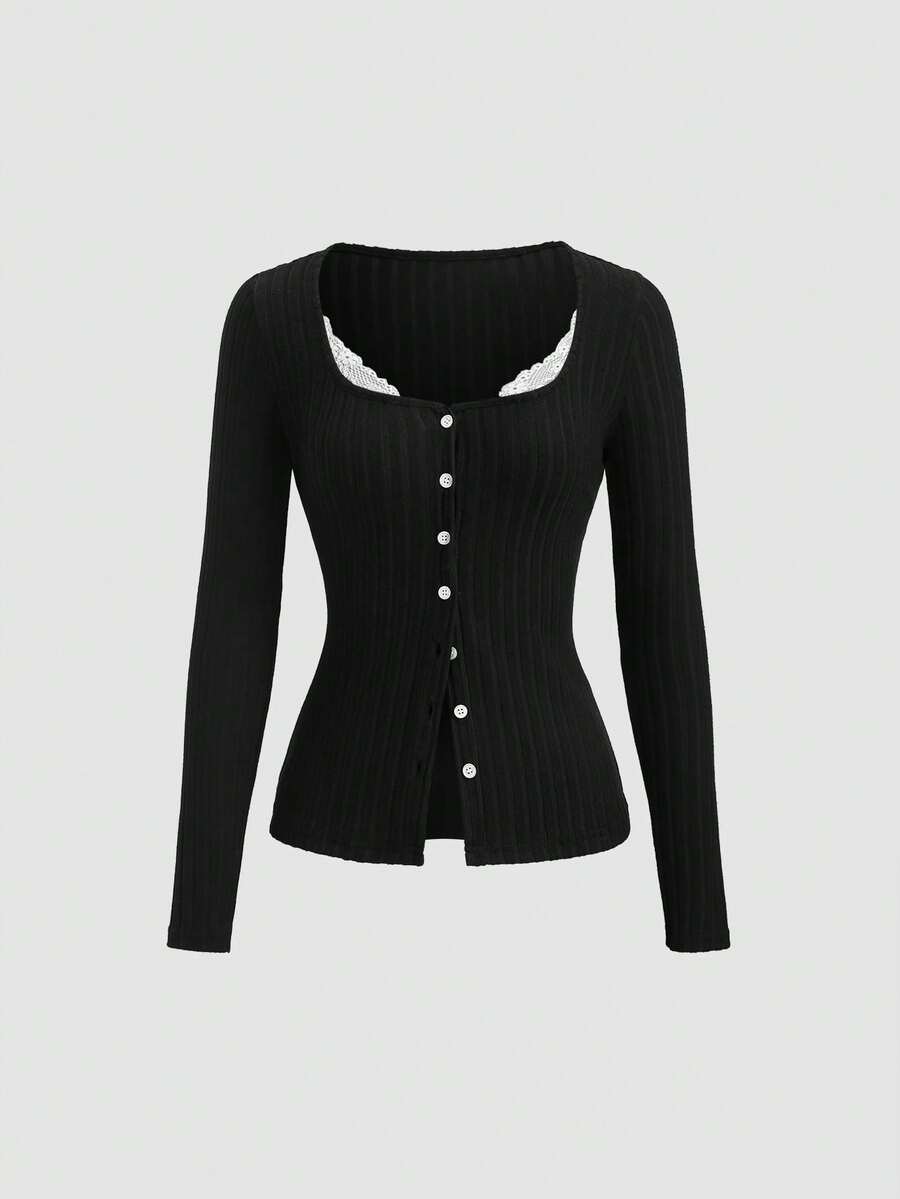 Sweetra Áo thun nữ thời trang dự tiệc sang trọng, tay dài ren chắp vá kiểu Pháp thanh lịch đầu thu - màu đen - Xem 1