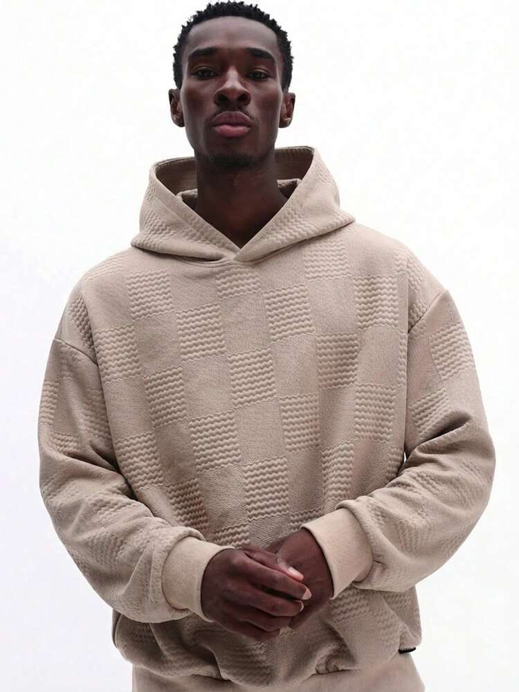 Beige Textured Waffle Knit Hoodie With Drawstring