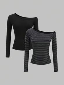 StreetHx 2pcs Asymmetric-Shoulder Long Sleeve T-Shirt, Punk Rock Striped Black - Multicolor - View 3