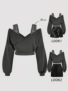 SHEIN MOD Áo nỉ hở vai tay dài ren rộng rãi cho nữ cỡ lớn - Xám - Xem 5