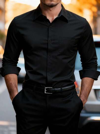 Manfinity Mode Men's Casual Versatile Commuter Solid Color Long Sleeve Shirt Mens Luxury Shirts Business Casual Men Shirt Black Dress Men Shirts