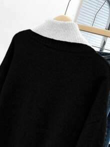 GlowEve CURVE Áo len chui đầu cổ màu tương phản cỡ lớn thời trang đa năng mới - màu đen - Xem 4