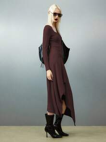 Airlisse 纯色圆领修身不对称下摆时尚长袖连衣裙 - 咖啡棕 - 查看 4