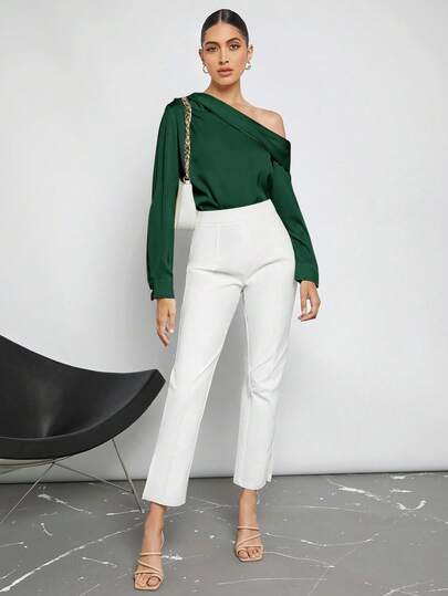 BizChic Blusa de satén de manga larga con diseño asimétrico, drapeado y fruncido en el hombro, corte holgado, básica minimalista elegante y chic para uso urbano y de oficina, adecuada para maestras y uso de oficina, otoño