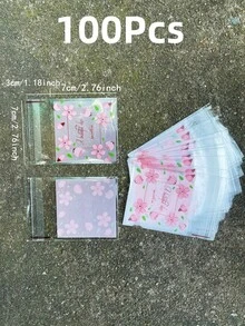 100个粉色花卉印花OPP自粘袋，浪漫粉色花朵和绿色叶子印花小礼品包装袋，适用于派对、生日和其他活动装饰，生日礼物包装 - 彩色 - 查看 7