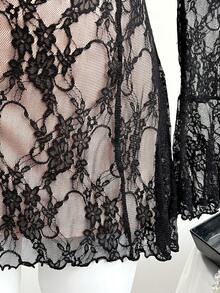 Elamini 2pcs/Set Elegant Lace Black Long Sleeve Top With Ruffle Trim & Contrast Lace Inset Slip Dress, Casual Daily Versatile Fashion Outfit, Autumn/Winter - Multicolor - View 7