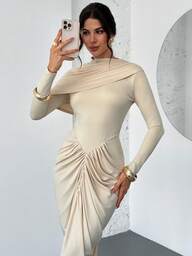 Firerie Vestido de Baile Sereia de Manga Longa Apricot com Cintura Franzida Elegante, Requintado, Romântico e Digno