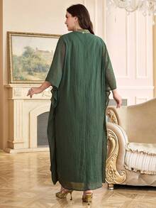Al Najma Plus Size Women Elegant Patchwork Ribbon V-Neck Textured Dress, Autumn Plus Size Green Dress