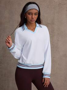 CourtClass Women's Striped Raglan Long Sleeve Sports Polo Shirt - Blue and White - View 4