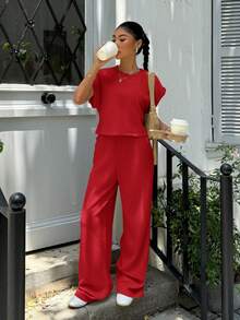 SHEIN EZwear 2pcs Women's Solid Color Round Neck Simple Casual Loose Top And Pants Set - Red - View 4