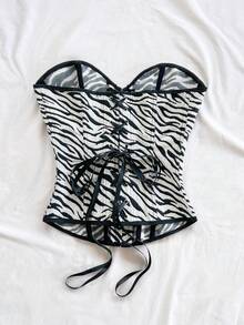 Soleia 复古宫廷风彩色花卉提花印花抹胸上衣，后背纽扣系带设计，适合度假穿着 - 黑與白 - 查看 2