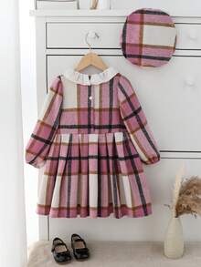 Souflis Set 2 buc. Litter Girl toamnă-iarnă casual și preppy costum stil nou, rochie în carouri și pălărie - Roz - Vizualizare 2