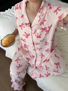 SHEIN 大码女式蝴蝶结印花口袋荷叶边短袖睡衣套装 - 淺粉色 - 查看 4