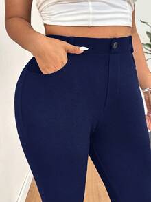 SHEIN PETITE CURVE 大码纯色高腰裤，适合日常穿着 - 藏蓝色 - 查看 4