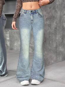 SHEIN Teen GirlRetro Blue Denim Flare Jeans - Light Wash - View 5