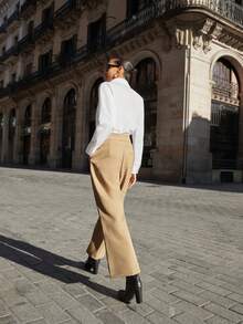 Maija 2025 Summer New Arrival Women's Casual Lightweight Khaki Color Pants, Fashion Adjustable Metal Buckle Waist Pleated Design Straight Leg, Suitable For Music Festival, Beach Vacation, Daily Casual, Romantic Urban Retreat, Wedding Guest, Graduation Romantic, Fashion, Versatile; Suitable For Summer Vacation In Fall/Winter - Coffee Brown - View 6