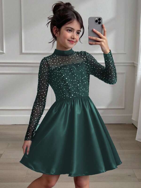 Sparklyn 女童优雅公主风黑色网纱连衣裙