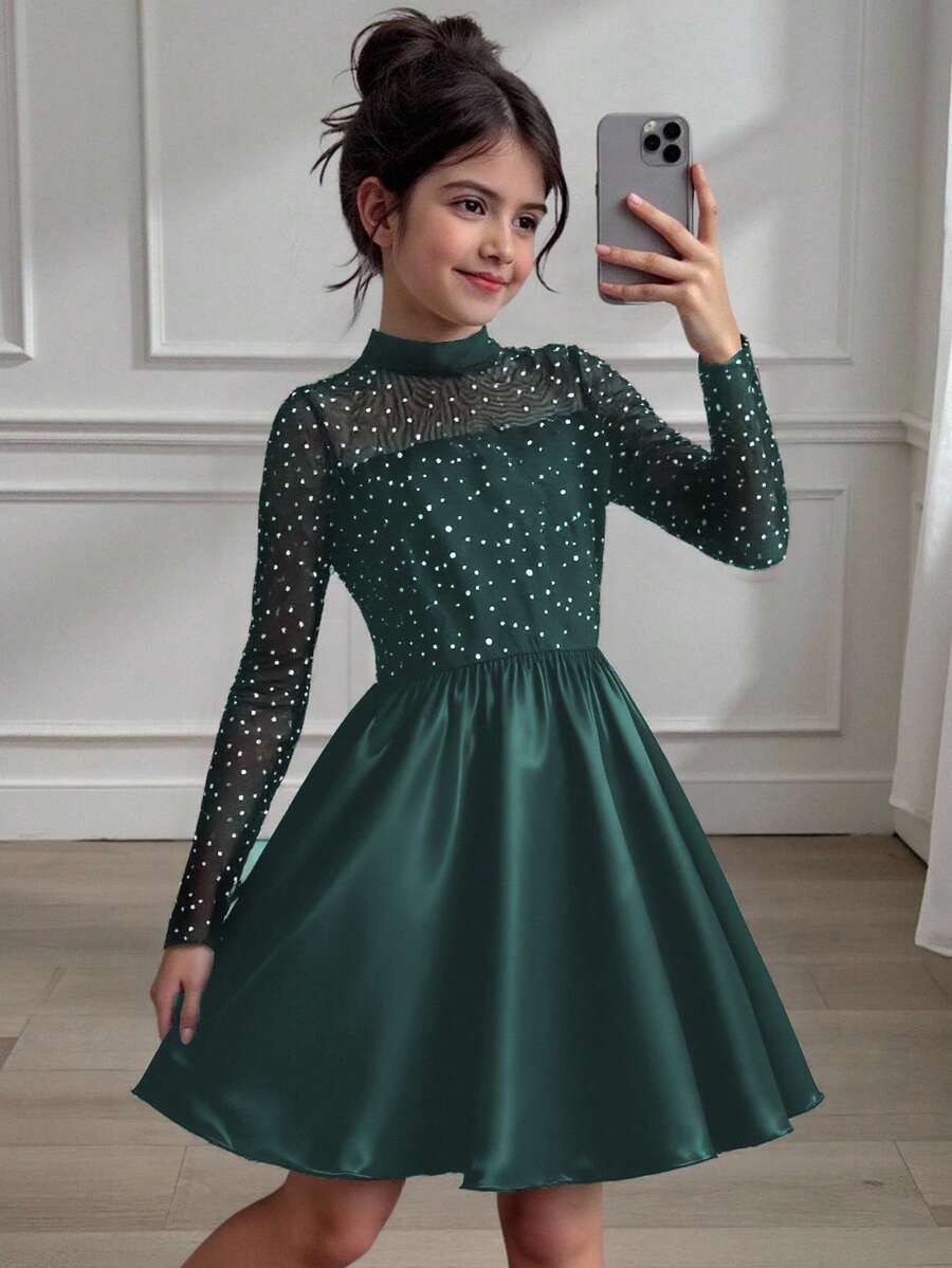 Sparklyn 女童优雅公主风黑色网纱连衣裙 - 墨綠色 - 查看 1