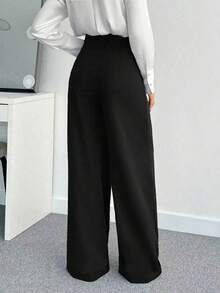 SHEIN PETITE CURVE 大码女式黑色褶皱休闲百搭阔腿裤，适合办公室通勤、春季女装、情人节、毕业典礼等场合，优雅休闲，女士正装，黑色裤子 - 黑色 - 查看 2