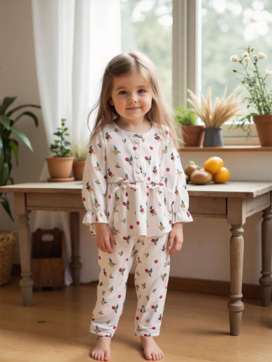 Vintaside Kids 女婴碎花蝴蝶结装饰上衣和裤子套装 - 彩色 - 查看 1