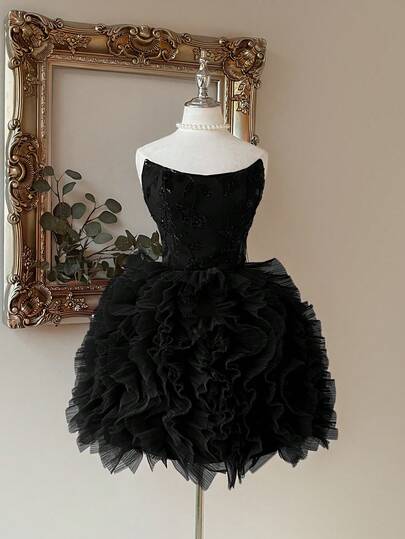 Lovelzi Elegante abito da ballo a palloncino in rete con ricamo di paillettes bordeaux