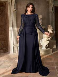 Aureia Đầm dạ hội cỡ lớn sang trọng, thanh lịch, cổ tròn, tay áo phối lưới đính sequin tương phản, eo nhún, dáng ôm đuôi cá, thích hợp cho tiệc tối, tiệc độc thân, hẹn hò, dạ hội, kỳ nghỉ, đám cưới (đính kèm nhiều chi tiết), Ngày Valentine. - Màu xanh hải quân - Xem 2