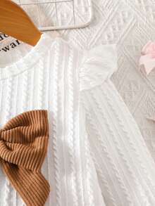 Elladie kids 4-7 anni Ragazze Casual Dolce Bianco Maglia Jacquard Fiocco Decorazione Volant Orlo Manica Lunga Girocollo Top e Rosa Velluto a Coste Vita Elastica Plissettata Gonna, Adatto per Uso Quotidiano, Uscite Casual