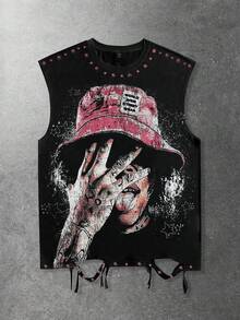 ROMWE MEN Street Life Ice Hockey Graphic Sleeveless Crew Neck T-Shirt Top With Distressed Design For Men - Black - View 4