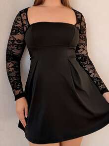 Nezia Cruz 大码优雅派对可爱性感女式蕾丝拼接蝴蝶结前长袖 A 字迷你荷叶边下摆鸡尾酒会礼服、派对礼服、生日派对礼服、优雅晚礼服、返校节礼服、情人节派对礼服 - 黑色 - 查看 4