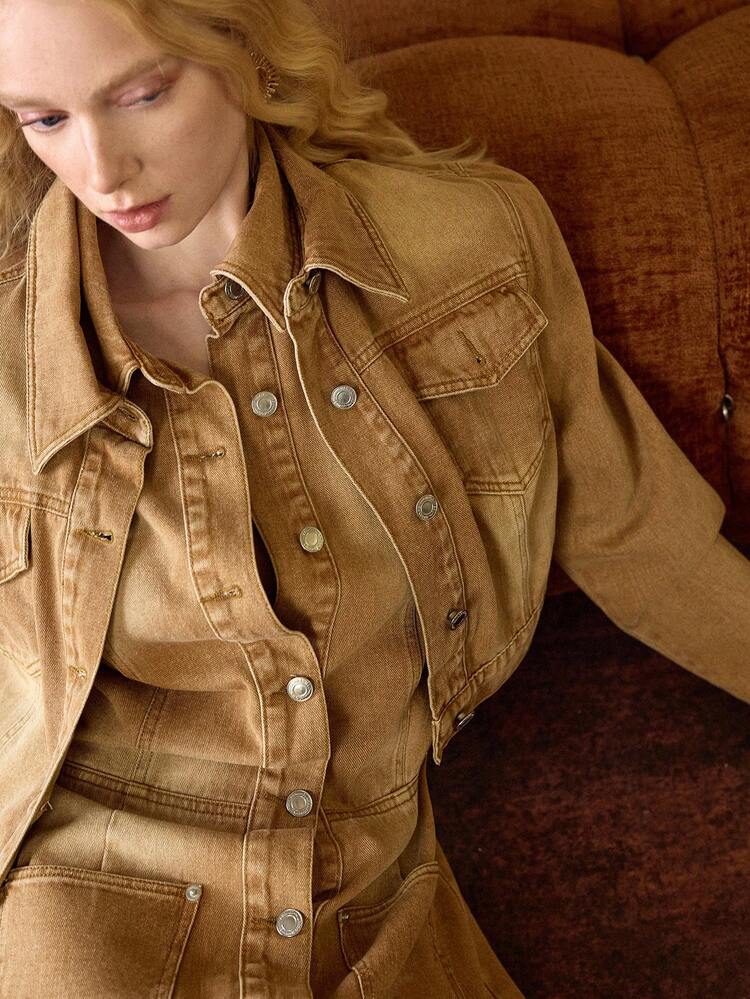 MOTF STUDIO JAQUETA Denim DE MANGA LONGA COM GOLA VIRADA PARA BAIXO LAVADA PARA MULHERES, OUTONO/INVERNO