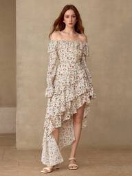 MOTF PREMIUM WOMEN'S OFF THE SHOULDER RUFFLE ASYMMETRICAL HEM DRESS, AUTUMN/WINTER