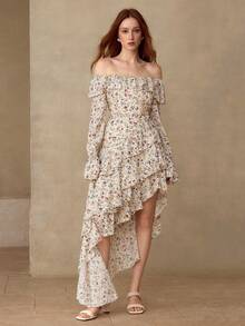 MOTF PREMIUM 女士露肩荷叶边不对称下摆连衣裙，秋冬季 - 杏色 - 查看 6