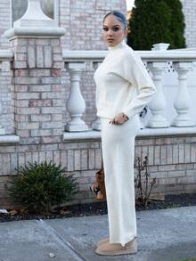 Melissa Matos 2 件套老年女士休闲舒适宽松针织毛衣和高腰弹力裤套装，秋冬 - 杏色 - 查看 6