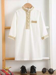 SHEIN 男婴幼儿金色丝带饰边长袖立领长袍上衣，适合生日派对、晚宴、演出、婚礼、迎婴派对、洗礼和一周岁生日庆祝、节日等场合。 - 白色 - 查看 3