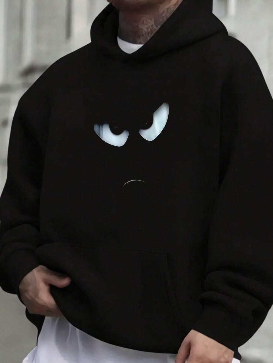 Sudadera de manga larga con capucha para hombres de poliéster con estampado de scg ojos blancos - Sudadera acolchada para otoño/invierno - Negro - Ver 1