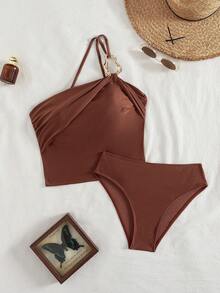 Swim Chiccia Stylish Rust 's Sleeveless Plain Tankini Top With Ring Detail And Matching Bikini Bottom - Rust Brown - View 6