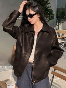 DAZY 女士时尚百搭休闲夹克，秋季皮夹克